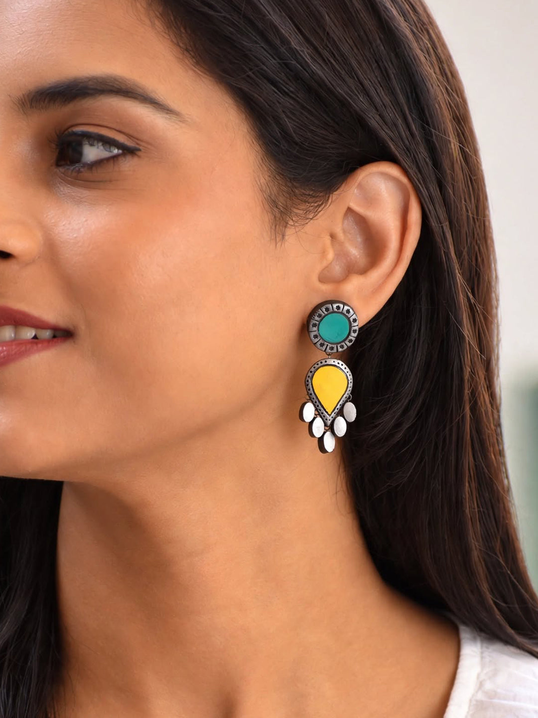 Emerald Green Yellow Antique Silver Leaf Design Handmade Terracotta Drop Earrings
