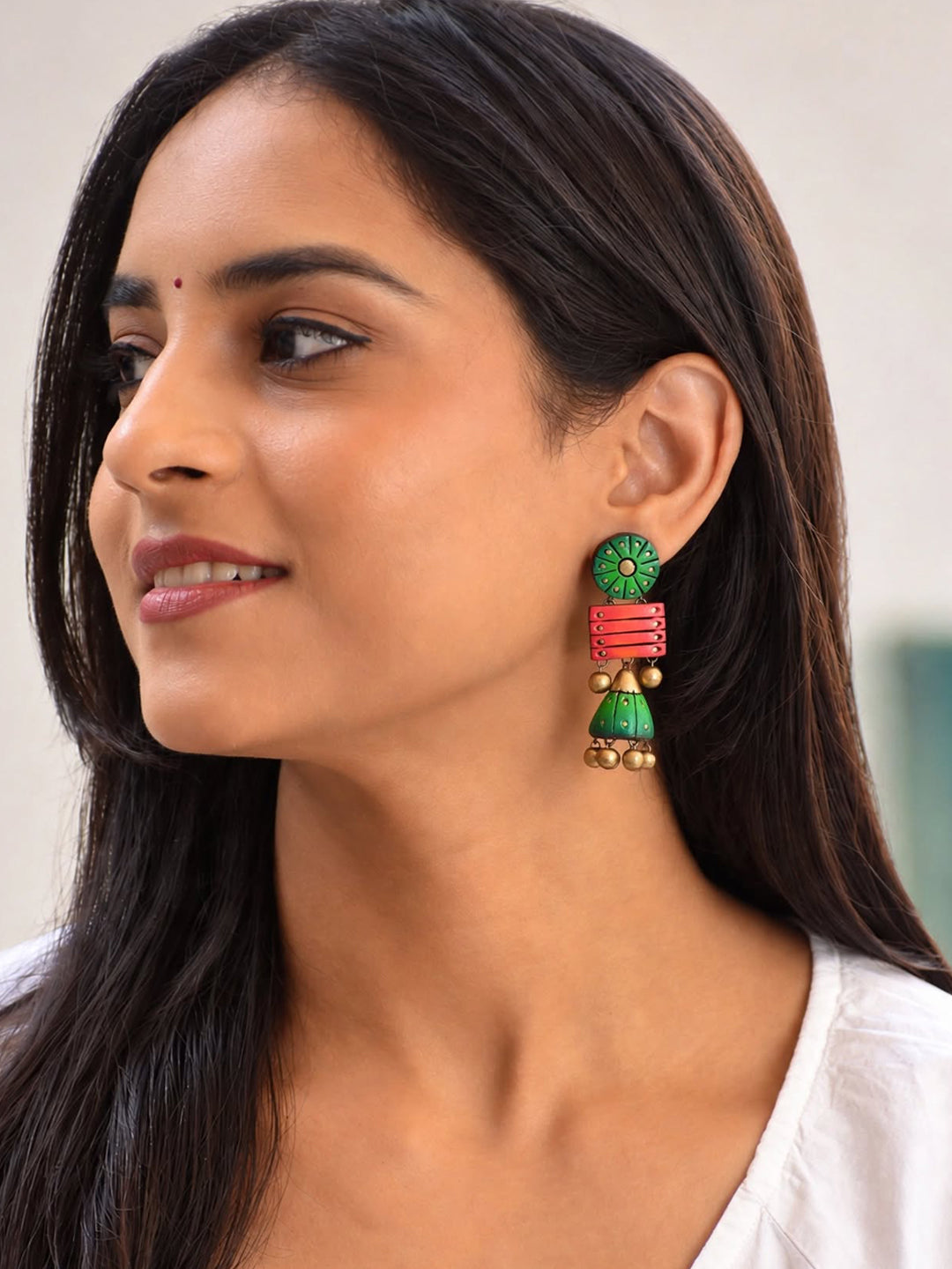 Circular and Square Design Green Pink Antique Gold Handmade Terracotta Stud Jhumka Earrings