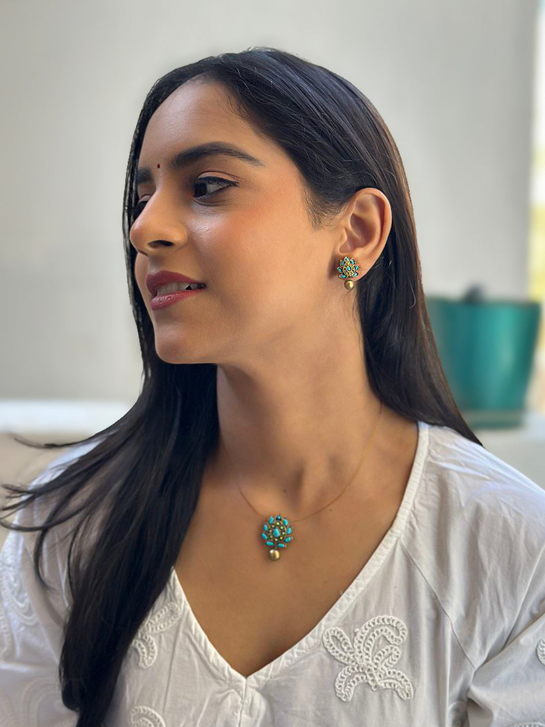 Terracotta Teardrop Floral Pendant Necklace with Matching Stud Earrings