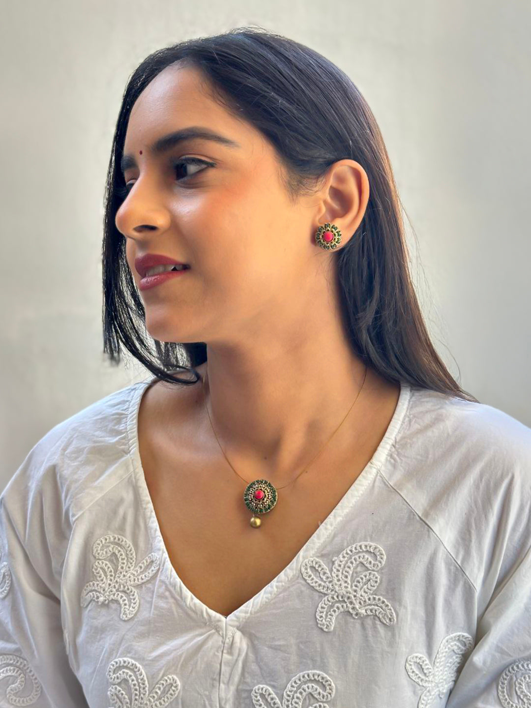 Terracotta Green Floral Pendant Necklace with Pink Stone Center & Gold Bead Drop Earrings