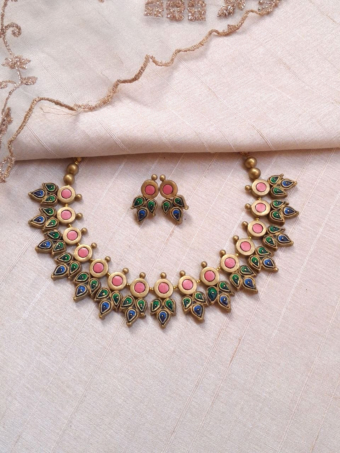Terracotta Peacock Feather Pattern Necklace Set