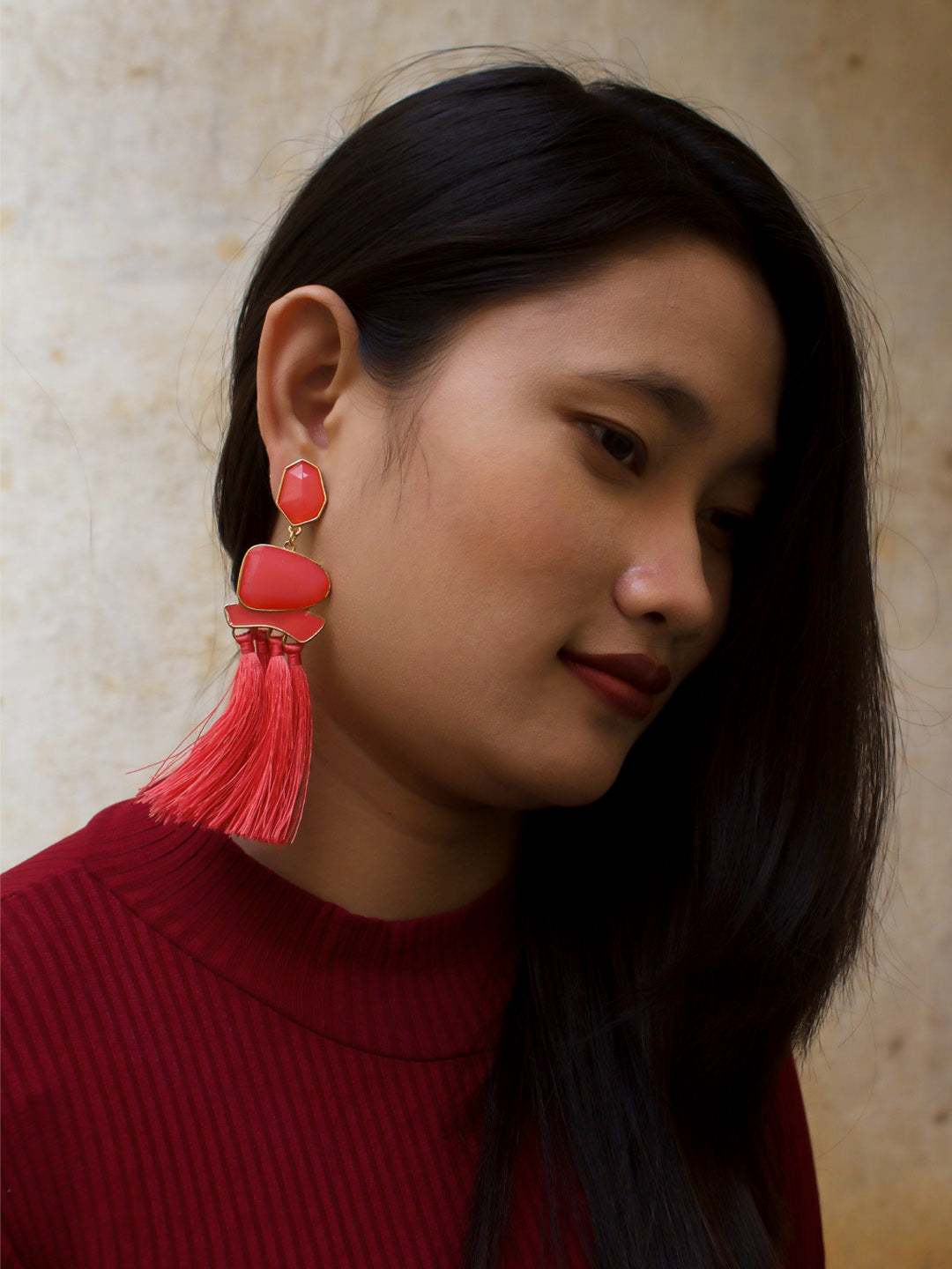 Aana Gold Plated Tassel Design Red Color Plastic Stone Dangler Earring-AANA-Earring