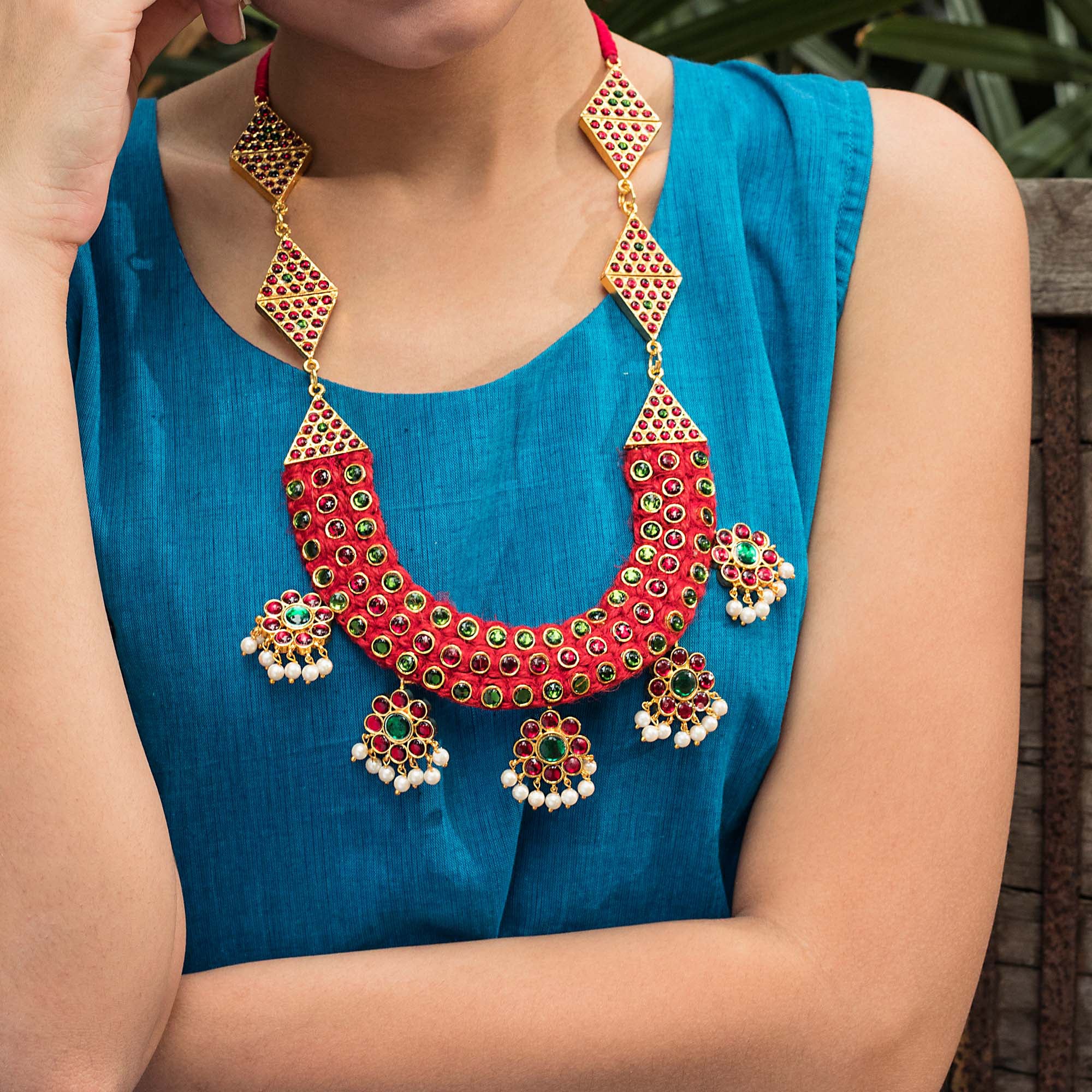 Designer Long Necklace With Motif Designs In Kemp Stones