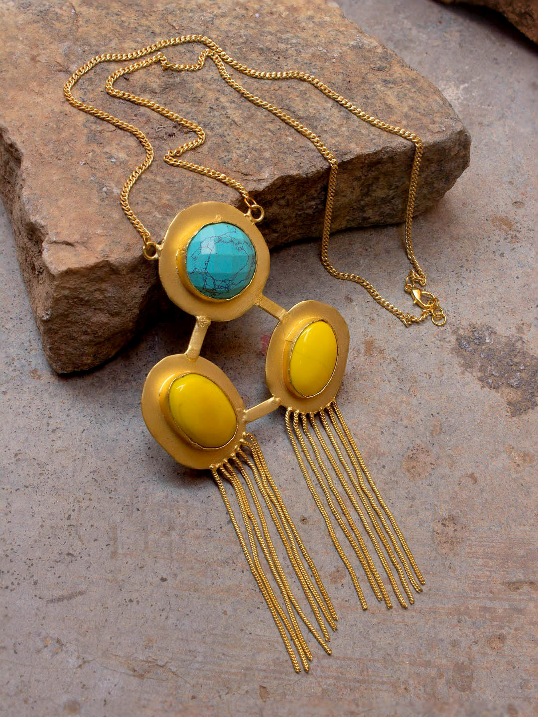 Avismaya Gold Plated Triangle Design Yellow And Turquoise Color Moonstone Long Necklace-AVISMAYA-Necklace