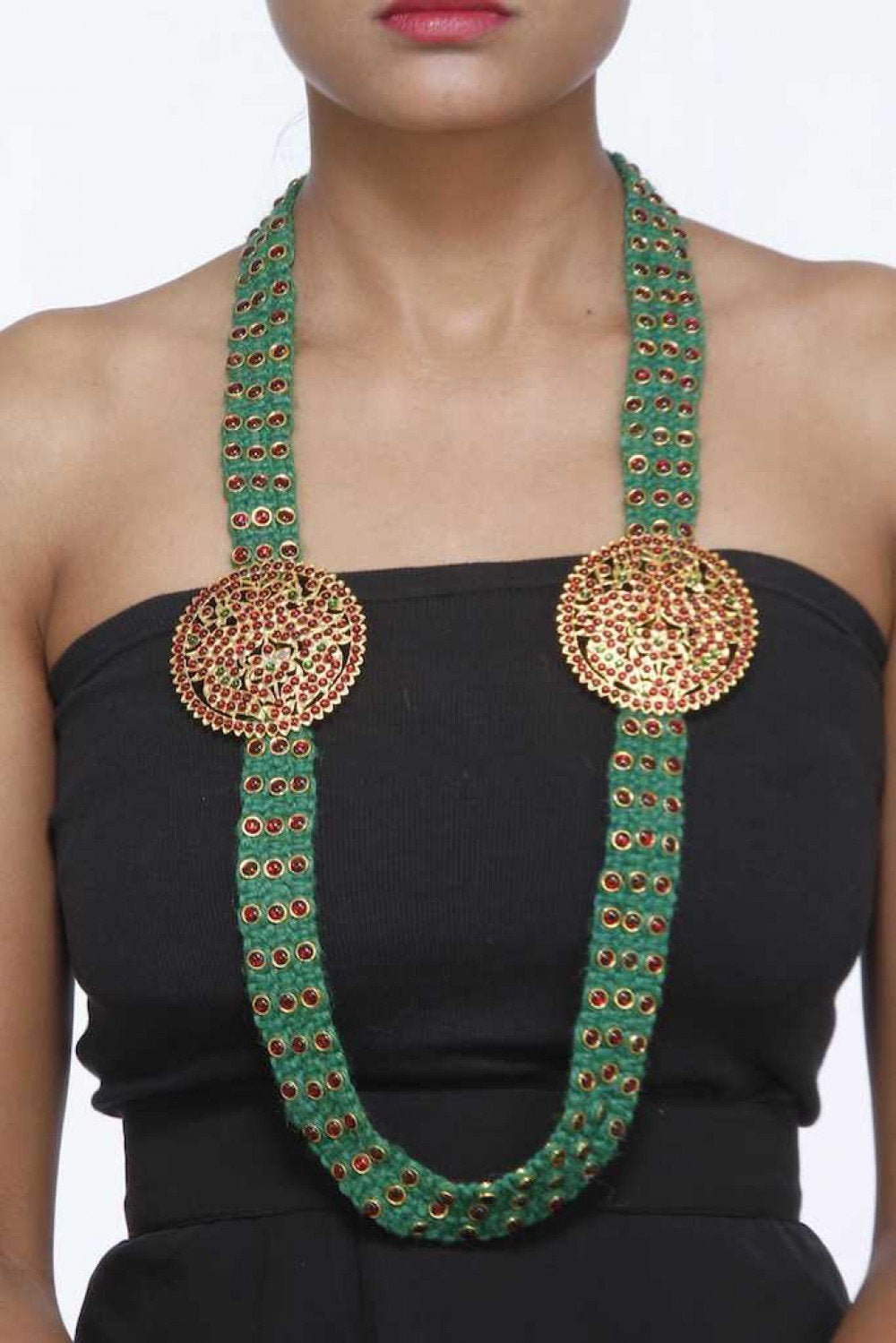 Moss Green Neckpiece With Red Stones